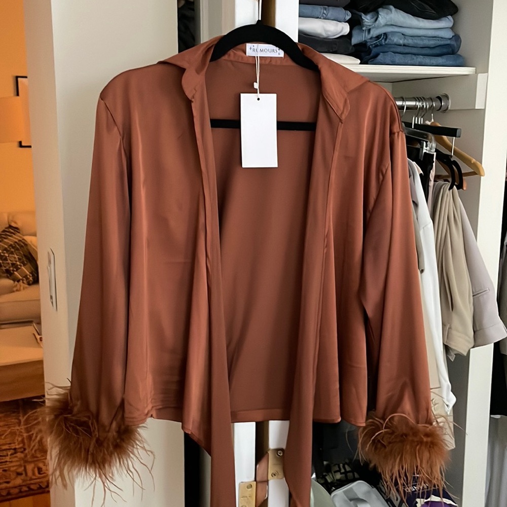 Rumored feather sleeve silk top